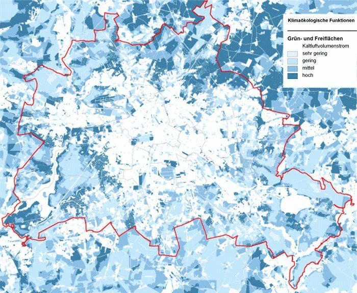 Fig. 5: Classification of green space aggregations and open spaces of the surrounding countryside according to their cold air generation 