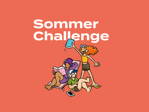 Unter dem Schriftzug "Sommer Challenge" sind drei Kinder als Comic-Figuren zu sehen. Eine Figur liest, eine hört Musik und die dritte hält begeistert ein Buch in die Luft 
