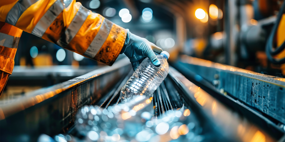 Ein Mann hält eine Plastikflasche auf einem Recyclingband