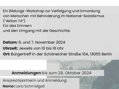 Flyer zu inklusivem Workshop zur Aktion T4