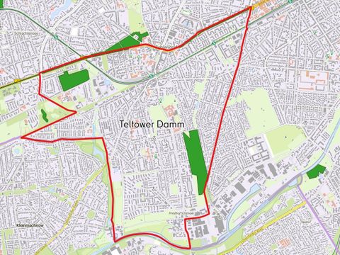 Die Karte zeigt die Schutzgebiete und Schutzobjekte nach Naturschutzrecht Berlin (inklusive Natura 2000) in der Bezirksregion Teltower Damm.