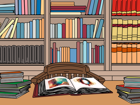 Zeichnung: aufgeschlagenes Buch in der Bücherei