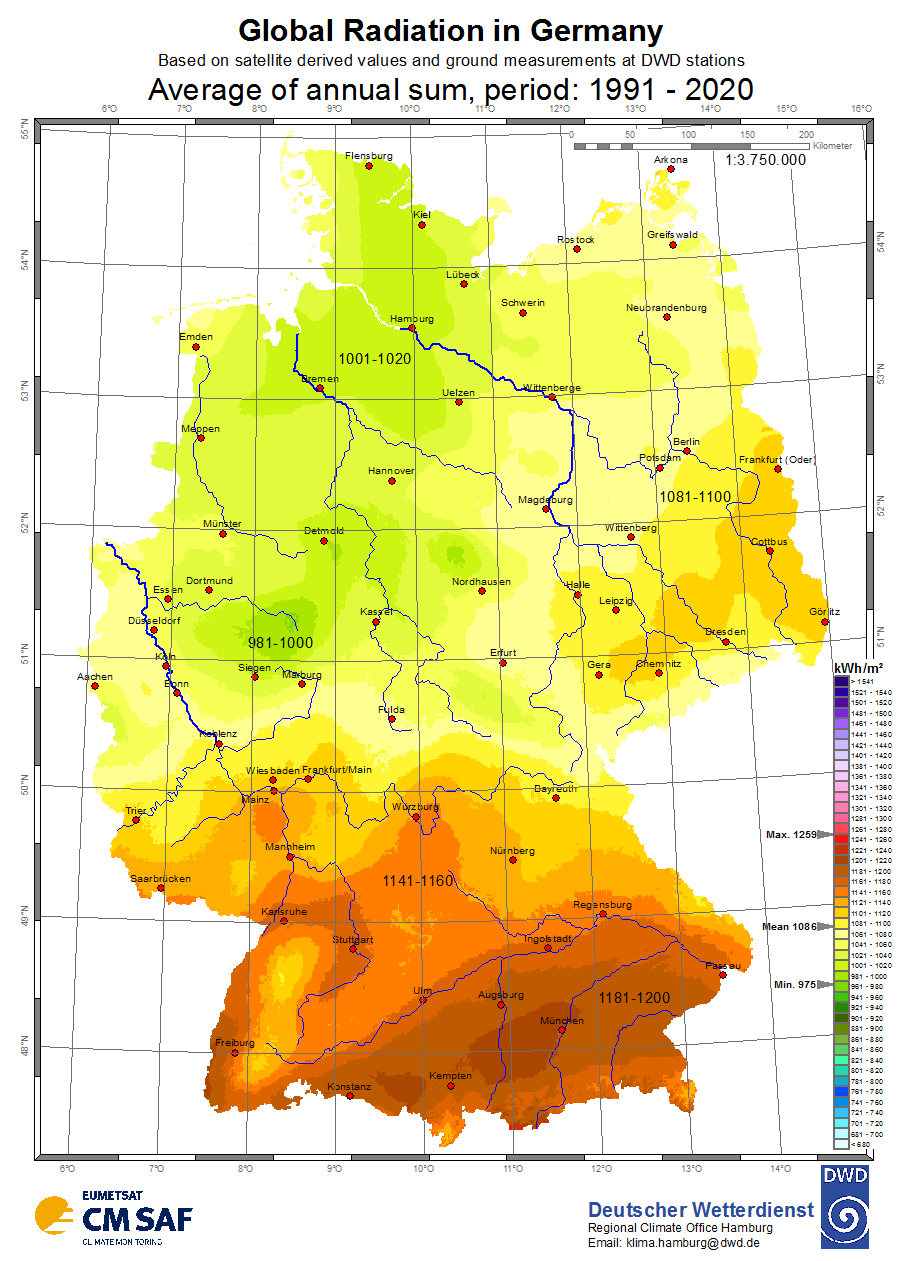 Enlarge photo: Fig. 4: Average annual sums of the global radiation in Germany for the period from 1991 to 2020 (unaltered reproduction; source: Deutscher Wetterdienst (DWD) 2022)