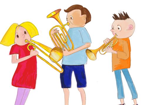 Grafik mit 3 Kinder die ein Blasinstrument spielen
