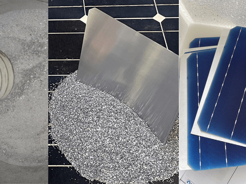 Nebenprodukte des Aufbereitungsprozesses bei der Reiling GmbH, aus denen die Solarzellenbruchstücke abgetrennt und gesammelt werden (links). Gereinigtes Silizium und Wafer aus zu 100% recyceltem Silizium. (Mitte). PERC-Solarzellen aus zu 100% recyceltem Silizium mit einem Wirkungsgrad von 19,7 Prozent. (rechts). 
