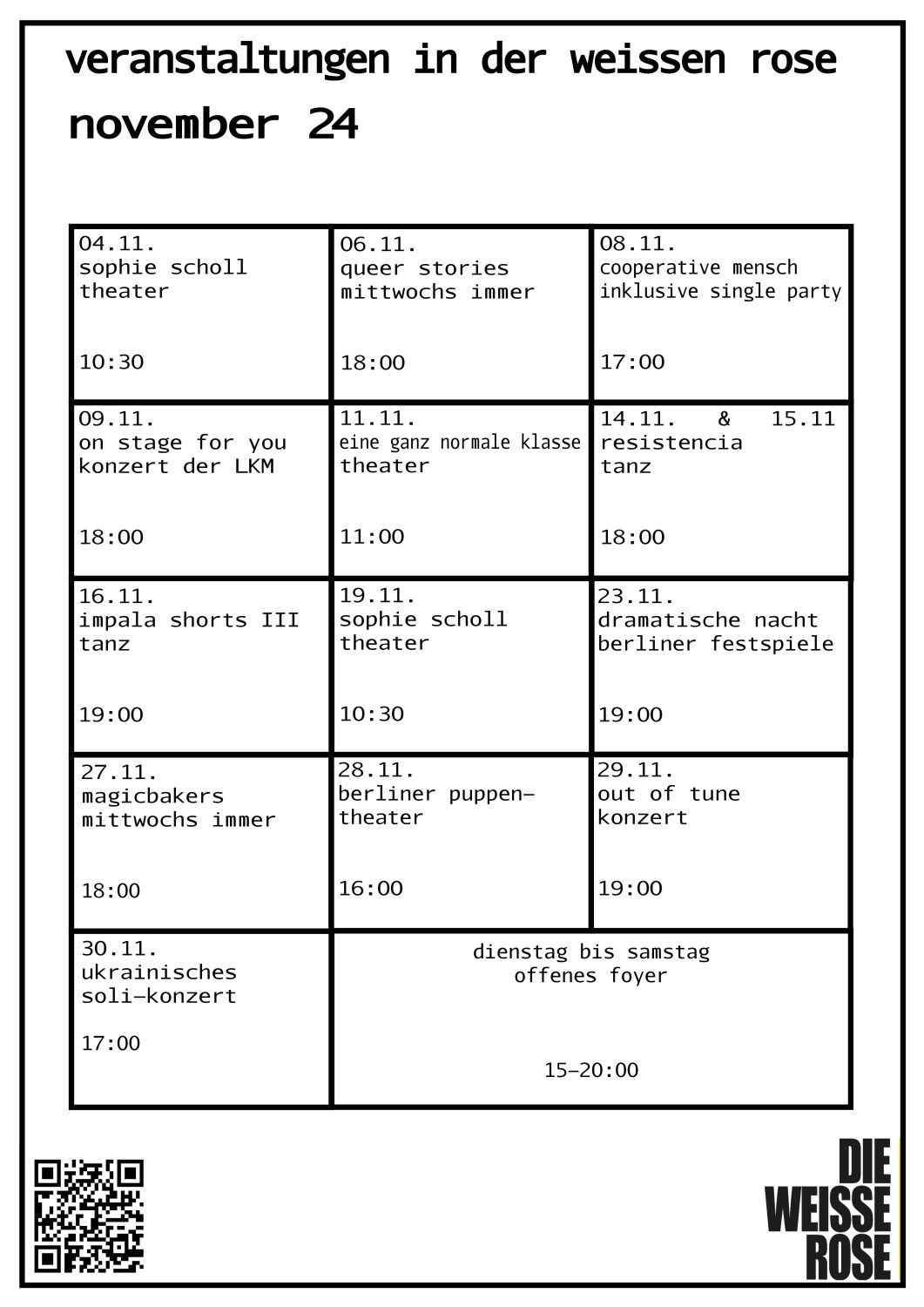 programm in der weissen rose für november 2024 - alle auf dem Bild stehende Informationen können auch im Reiter Programm abgerufen werden