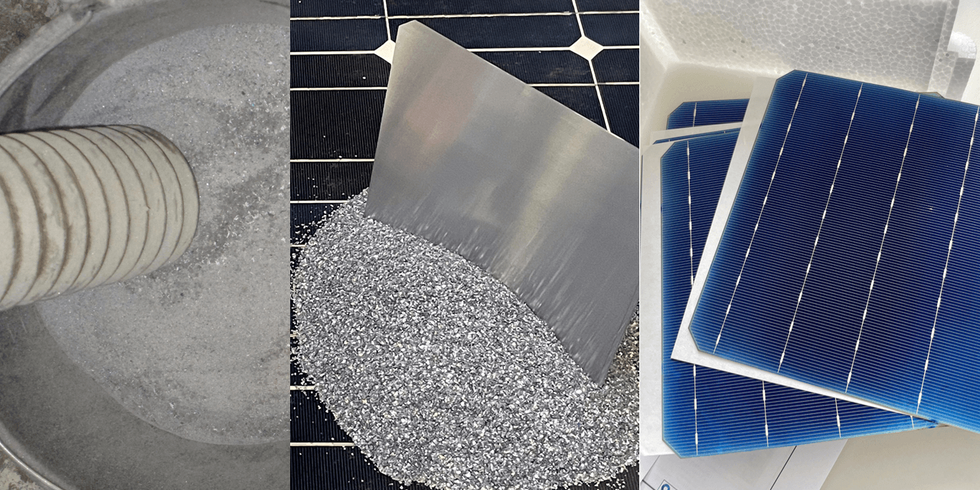 Nebenprodukte des Aufbereitungsprozesses bei der Reiling GmbH, aus denen die Solarzellenbruchstücke abgetrennt und gesammelt werden (links). Gereinigtes Silizium und Wafer aus zu 100% recyceltem Silizium. (Mitte). PERC-Solarzellen aus zu 100% recyceltem Silizium mit einem Wirkungsgrad von 19,7 Prozent. (rechts). 