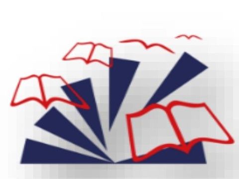 Logo "Schwebende Bücher" Rote Umrisse fliegender Bücher über dem blauen Logo der Bezirksbibliotheken