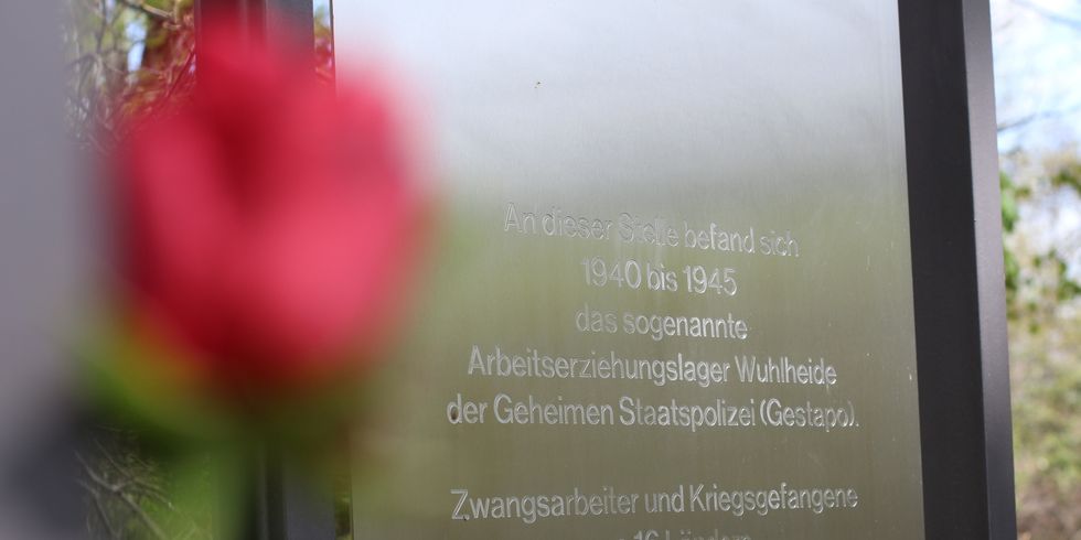 Gedenktafel Arbeitslager Friedrichsfelde mit Blumen