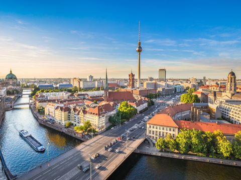 Aerial view of Berlin skyline with Spree river in summer, Germany