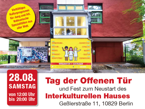 Bildvergrößerung: Plakat mit Schriftzug „Tag der Offenen Tür und Fest zum Neustart des Interkulturellen Hauses“