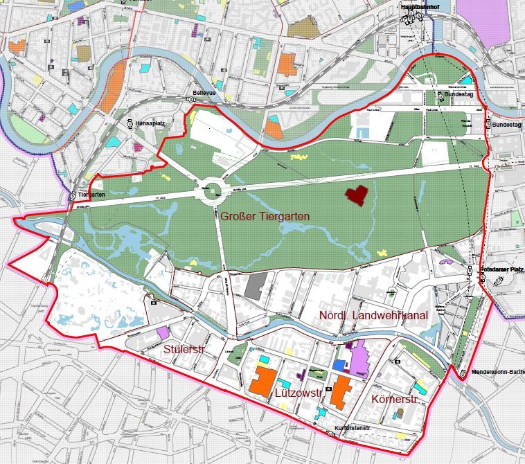 Karte, auf der die Begrenzungen der Bezirksregion Tiergarten Süd sichtbar werden