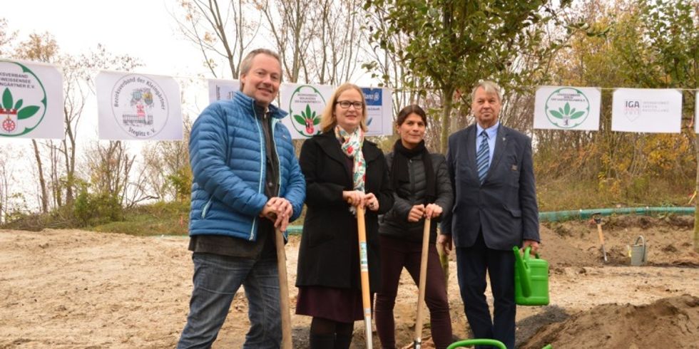 Erste Baumpflanzung an den Kienbergterrassen (v.l.n.r.: Frank Welzel, Projektkoordination der Stiftung NatureLife-International; Katharina Langsch, Geschäftsführerin der IGA Berlin 2017 GmbH; Marina Neher, Projektmanagement der Stiftung NatureLife-International, Günter Landgraf, Präsident des Landesverbandes Berlin der Gartenfreunde e.V.)