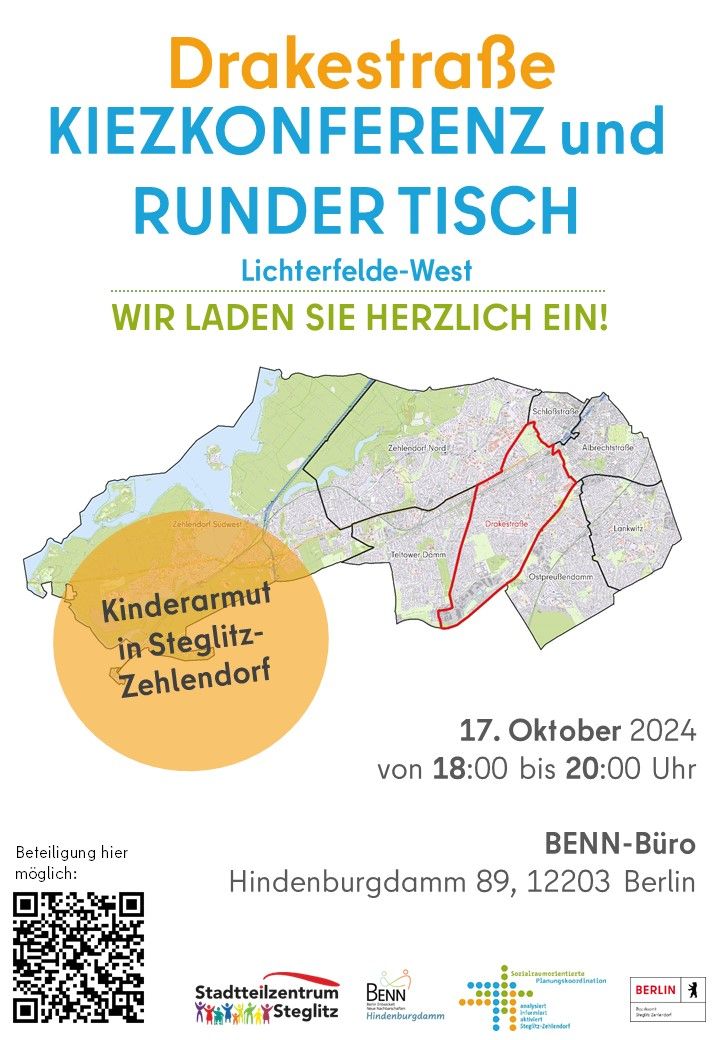 Bildvergrößerung: Flyer für die Kiezkonferenz in der Bezirksregion Drakestraße (2/2024)