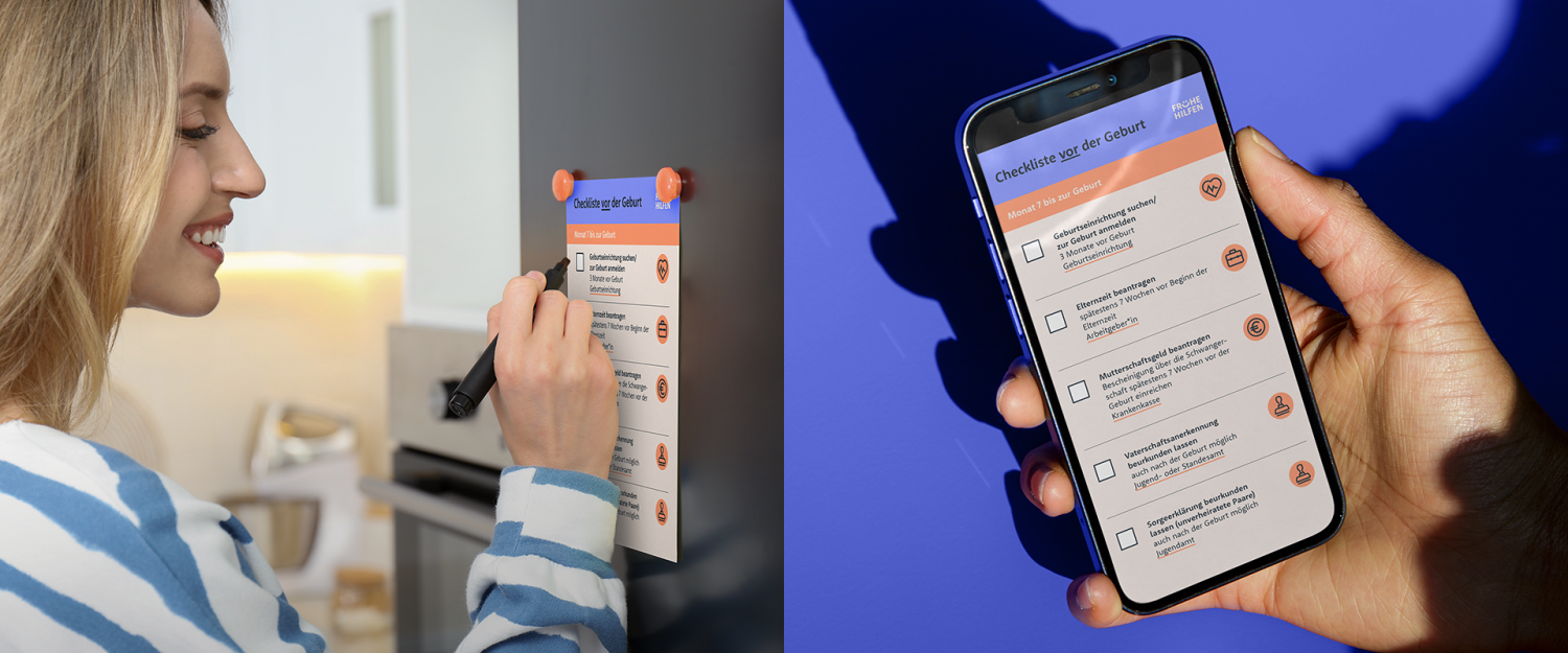 Eine Frau macht ein Kreuz auf der Checkliste vor der Geburt. Daneben ist die Checkliste auf einem Handy zu sehen. 