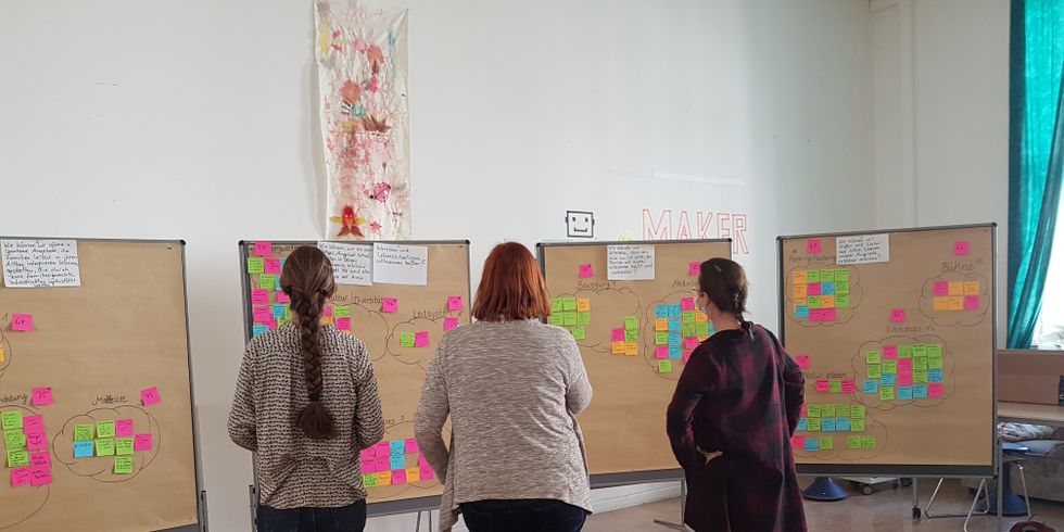 3 Personen, die mehrere Stellwände mit farbigen Klebezetteln anschauen.