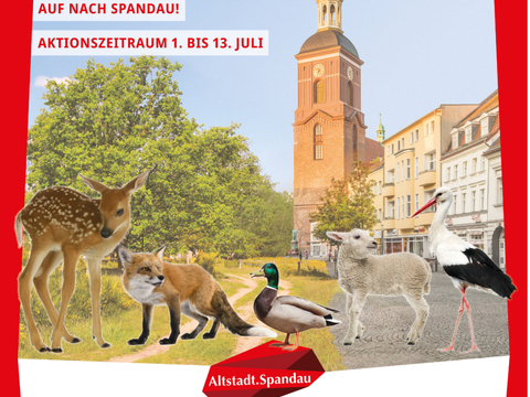 Bildvergrößerung: Flyer der Aktion BIG FIVE SPANDAU - Bild von der Spandauer Altstadt mit den Big Five (Reh, Fuchs, ENte, Schaf, Storch) im Vordergrund