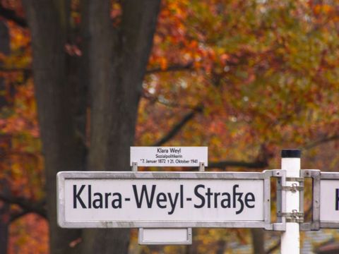 Ein Straßenschild vor einem herbstlichen Hintergrund. Auf dem Straßenschild steht "Klara-Weyl-Straße".