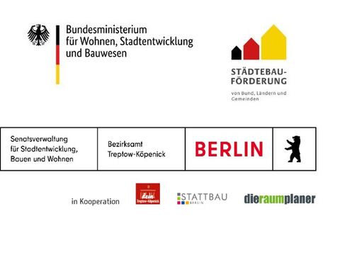 Logos der Beteiligten im Zusammenhang mit der Sanierung der Alten Schule Adlershof (BMWSB.bund, Städtebauförderung, SenStadt, BA-TK, DeinTK, Stattbau, die Raumplaner)