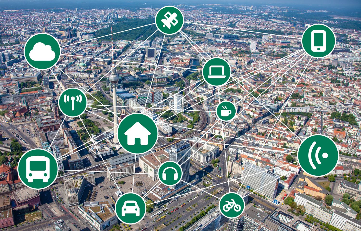 Berliner Stadtansicht mit aufgelegten Icons zur digitalen Vernetztung