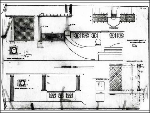 Erwin Barth - Dernburgplatz, Pergola an der Großen Kaskade, Entwurf, M 1:20, 1:10, 1:5, 1913, Bleistift/Transp.