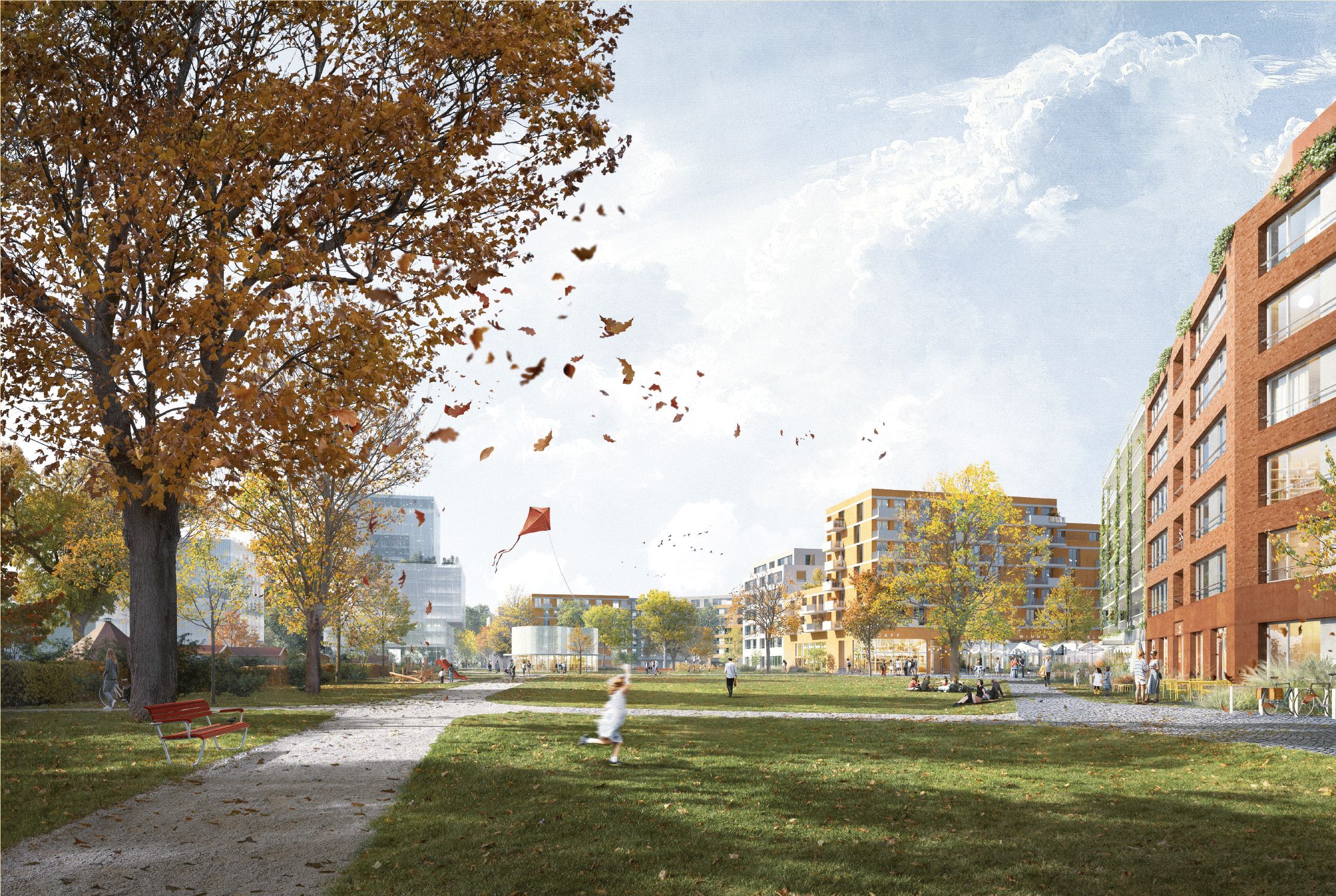 Perspektive des Siegerentwurfes: Blick über die große Wiese in den Park, rechts der Quartiersplatz mit dem Stadtbad