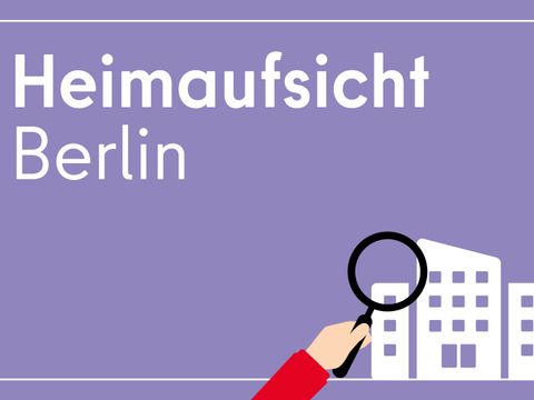 Infokachel mit dem Text Heimaufsicht Berlin. Daneben ist ein Gebäude und eine Lupe zu sehen. 