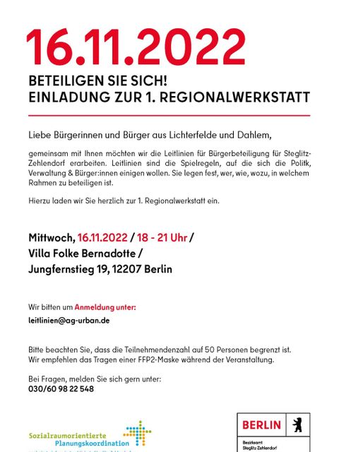 Bildvergrößerung: Einladung - 1. Regionalwerkstatt zur Erarbeitung der Leitlinien zur Bürgerbeteiligung in Steglitz-Zehlendorf (16.11.2022)