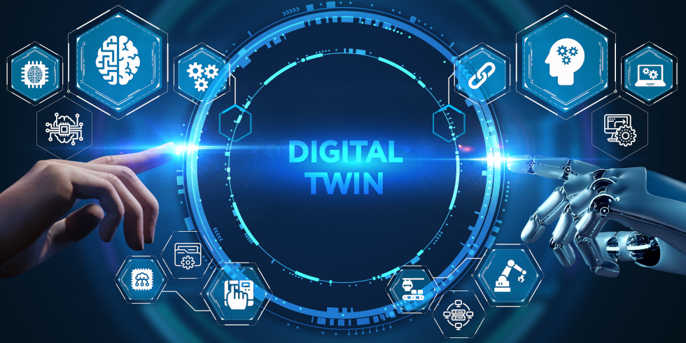 Digitales Bild, in der Mitte steht Digital Twin