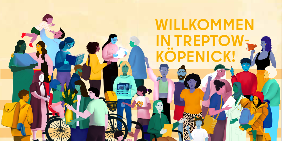 Cover des Wegweisers "Willkommen in Treptow-Köpenick zeigt Menschen vieler Kulturen sprechen miteinander im Comicstil