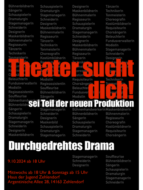 Bildvergrößerung: Flyer: „Durchgedrehtes Drama“ – Theater sucht dich! Sei Teil der neuen Produktion ab dem 9. Oktober 2024.