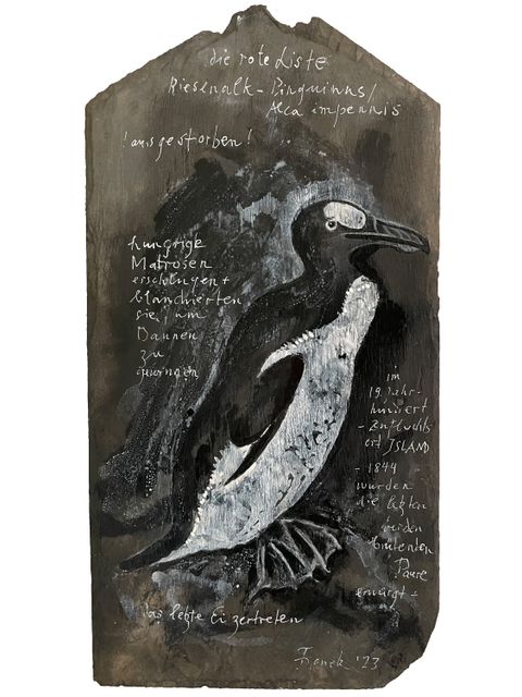 The spirits of vanishing BIRDS, Riesenalk, 2023, Mischtechnik auf Schieferziegel, 45 x 23,5 cm