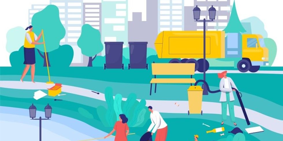 Menschen reinigen Stadtpark, Zeichentrickfiguren