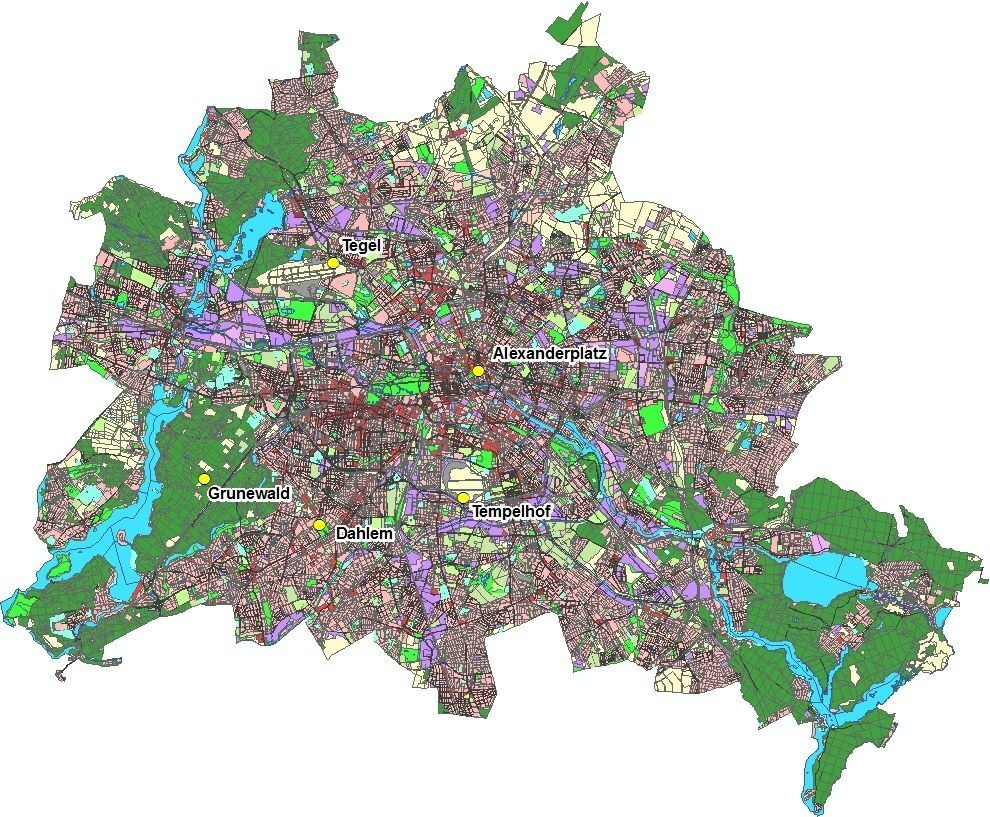 Enlarge photo: Fig. 0.1: Location of the evaluated Berlin climate stations in the municipal area of Berlin. The measurement sites are marked by yellow circles (the Potsdam station lies to the southwest outside the map section)