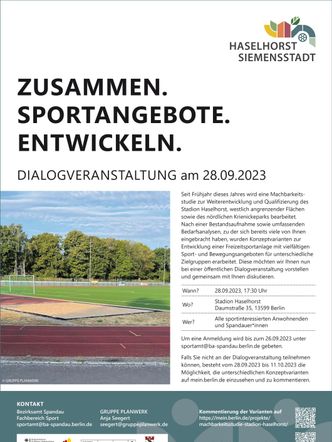 Plakat zur Dialogveranstaltung zu einer Freizeitsportanlage in Haselhorst am 28.09.23