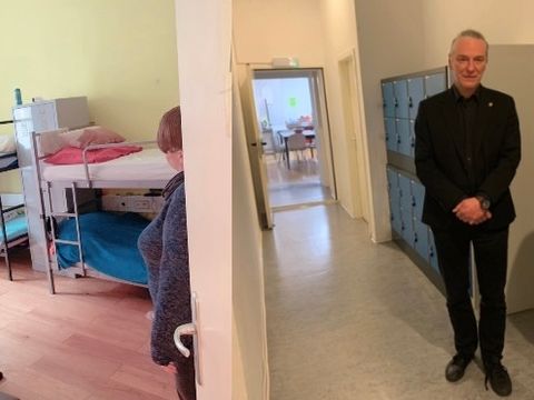 2 Bilder vom Besuch des Sozialstadtrats Oliver Nöll beim Frauenhaus Evas Obdach. Im linken Bild schaut Nöll sich einen Schlafraum an, im zweiten Bild steht er mit einer Mitarbeiterin des Frauenhauses im Gang