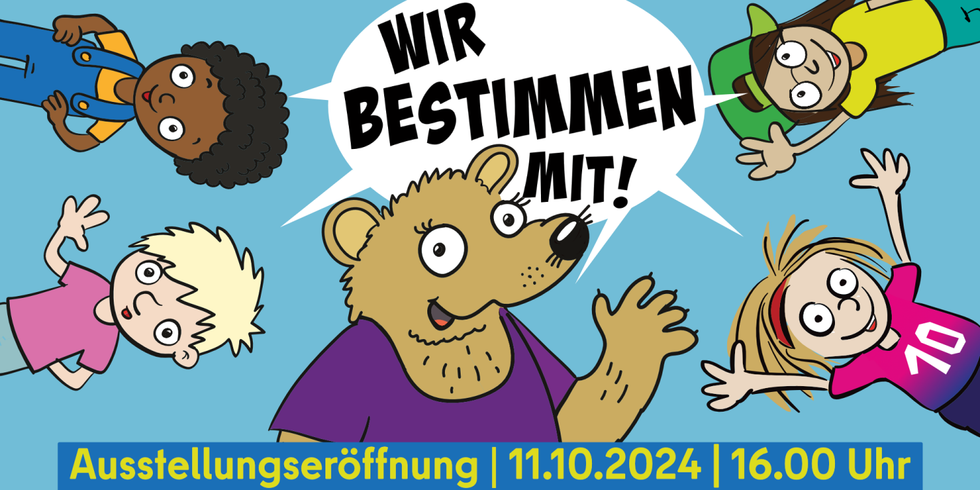 Vier Kinder und Comic-Held "Selbär" rufen gemeinsam "Wir bestimmen mit!"