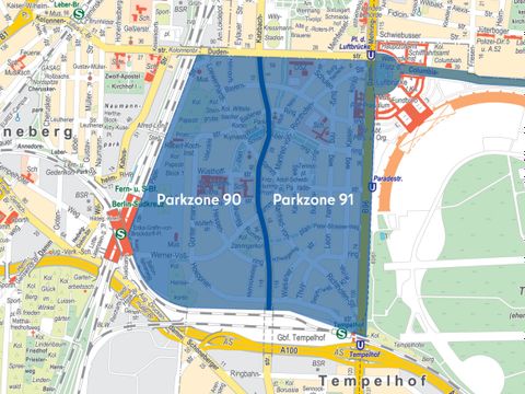 Bildvergrößerung: Auf einer Karte ist ein blau markierter Bereich, welcher nochmals in zwei Teile aufgeteilt ist. Ein Bereich ist mit "Parkzone 90" und der andere mit "Parkzone 91" beschriftet.