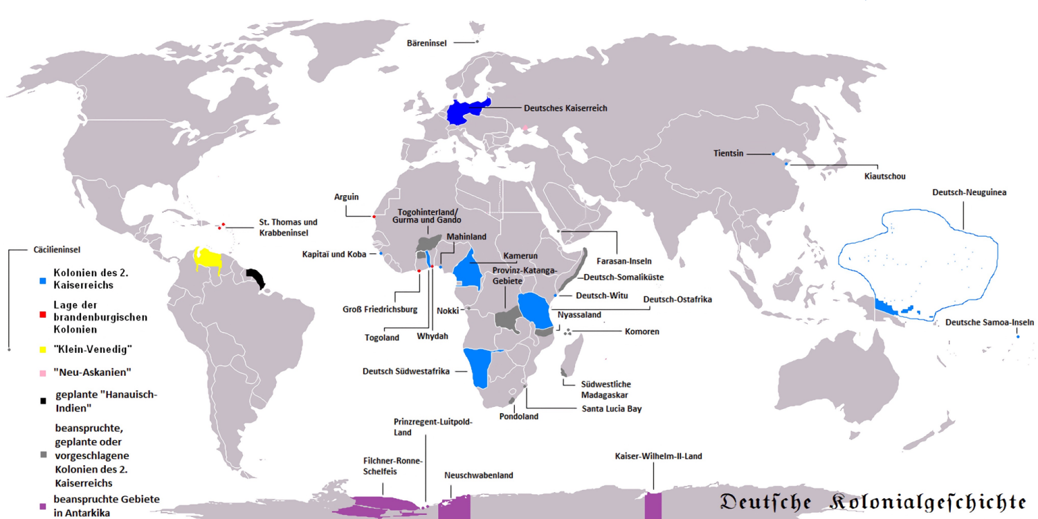 Weltkarte mit Überblick über deutsche Kolonien