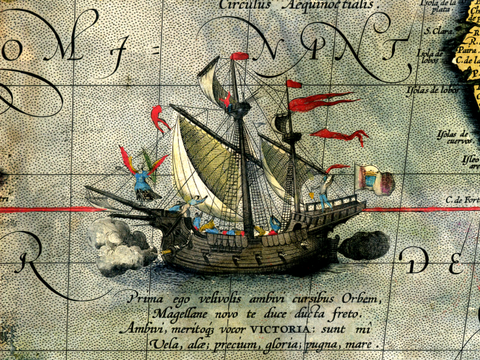 Magellans Schiff „Victoria“, Detail aus einer Weltkarte des Abraham Ortelius 