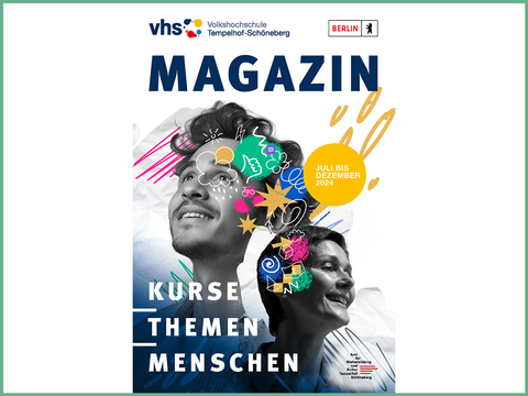 Titelbild des Magazins der vhs Tempelhof-Schöneberg: zwei inspiriert lächelnde Personen