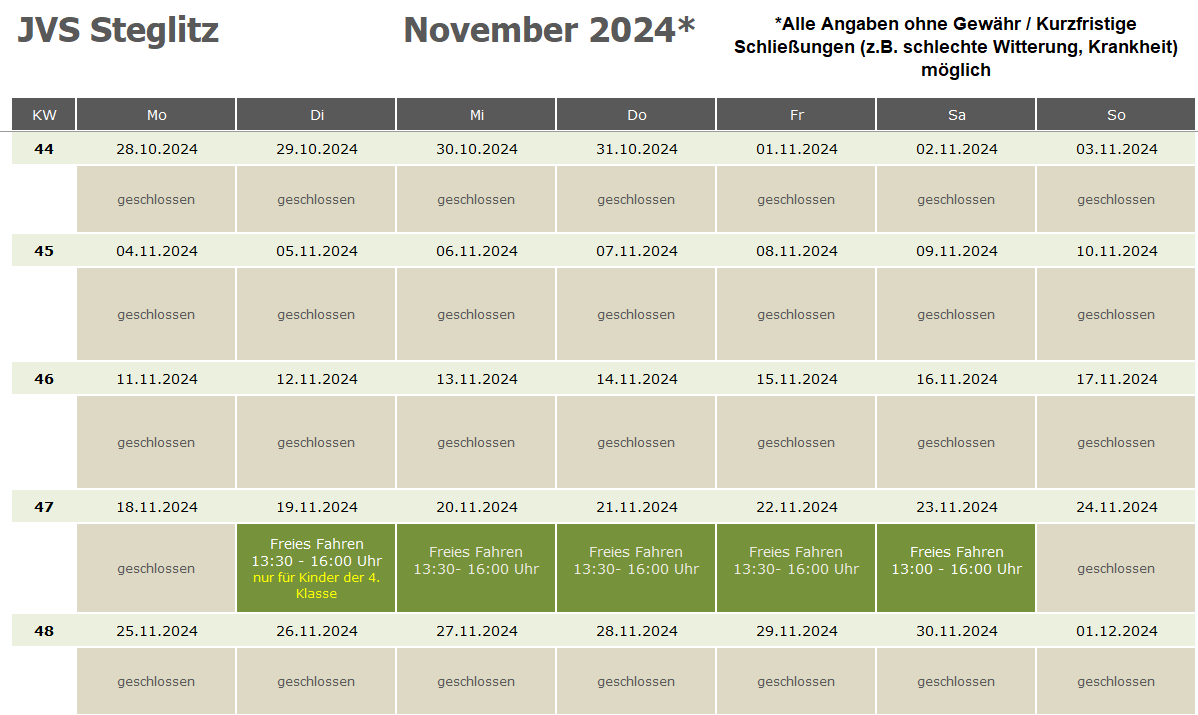 Öffnungszeiten JVS Steglitz November 2024