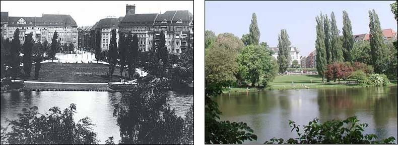 Fotovergleich historisch und heute - Parkeingang des Lietzenseeparks am Kaiserdamm