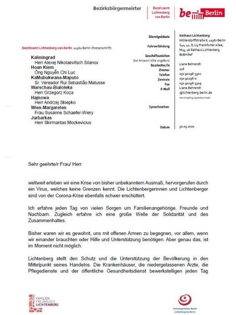 Solidaritätsschreiben vom Lichtenberger Bezirksbürgermeister