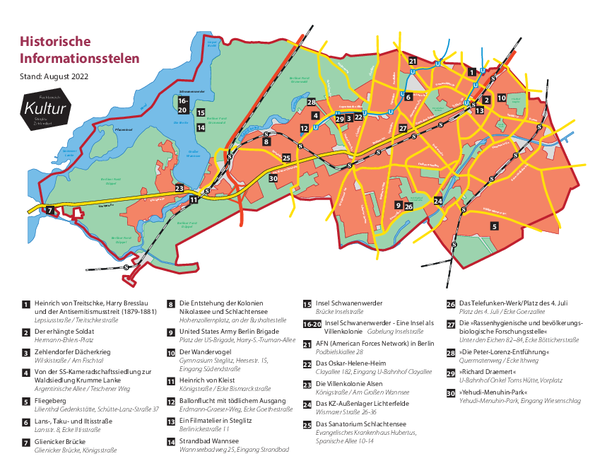 Netz der regionalhistorischen Informationsstelen in Steglitz-Zehlendorf (Stand: August 2022)