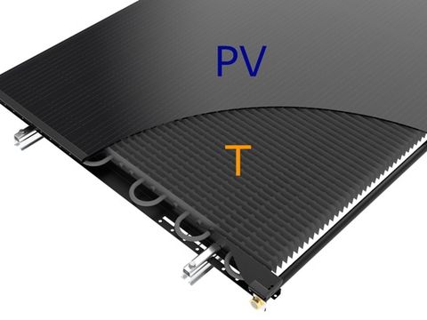 Schnittmodell eines Hybridkollektors und seiner Anschlüsse. Auf dem Photovoltaikmodul steht "PV" in blauer Schrift, auf dem Thermieteil steht ein gelbes "T".