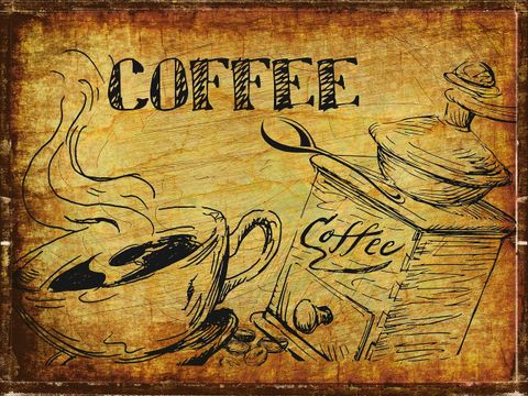 gezeichnetes Schild Coffee mit Tasse und Kaffeemühle