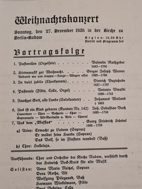 Weihnachtskonzert-Ankündigung von 1936 in der alten Dorfkirche Rudow