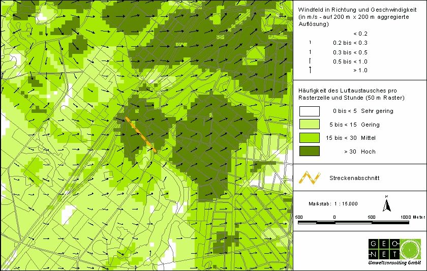 Luftaustausch pro Rasterzelle sowie autochthones Strömungsfeld im Übergangsbereich Grunewald-Wilmersdorf