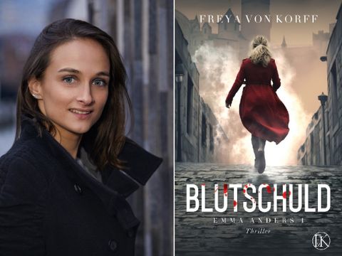 Bildvergrößerung: Links: Autorin Freya von Korff, rechts: Cover des Buches „Blutschuld“